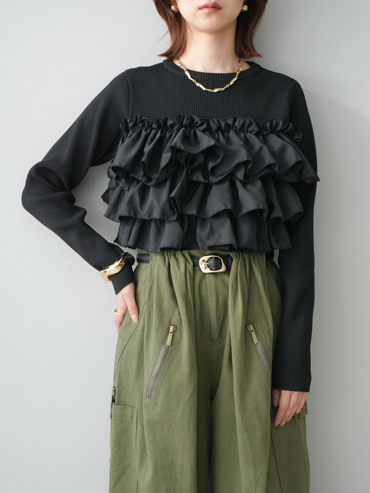 [SET]フリルビスチェドッキングスポンジニットプルオーバー+コットンタックループパンツ(2set)