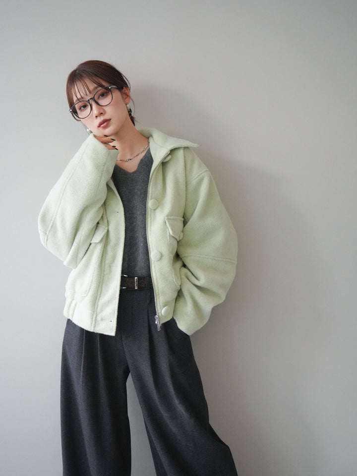 [SET]ウールライクフライトジャケット+シュシュ付きアンゴラタッチVネックニットプルオーバー(2set)