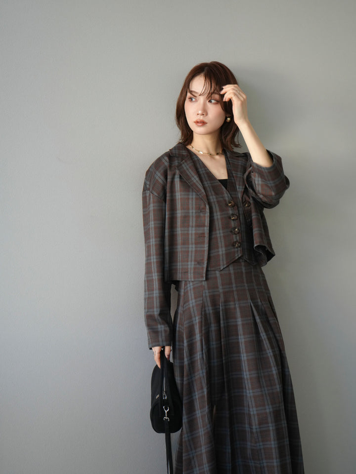 [SET]チェック柄ショートジャケット+チェック柄ベスト+チェック柄タックフレアスカート(3set)