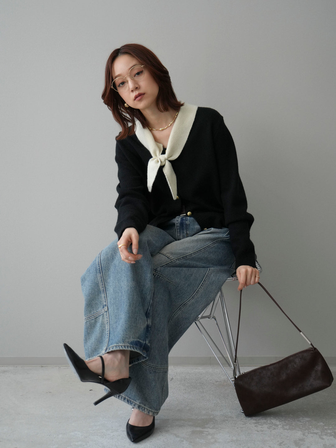 [SET]デザイン襟ニットカーディガン+ベルト付カーブデニムパンツ(2set)