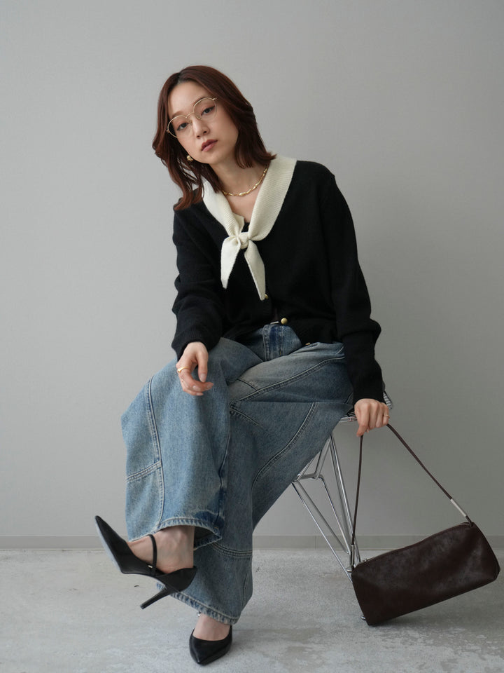 [SET]デザイン襟ニットカーディガン+ベルト付カーブデニムパンツ(2set)