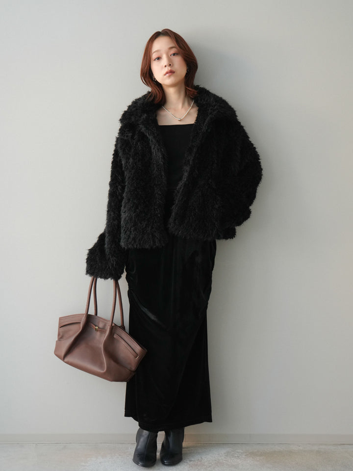 [SET]フェイクファー襟付きショートブルゾン+ギャザーベロアスカート(2set)