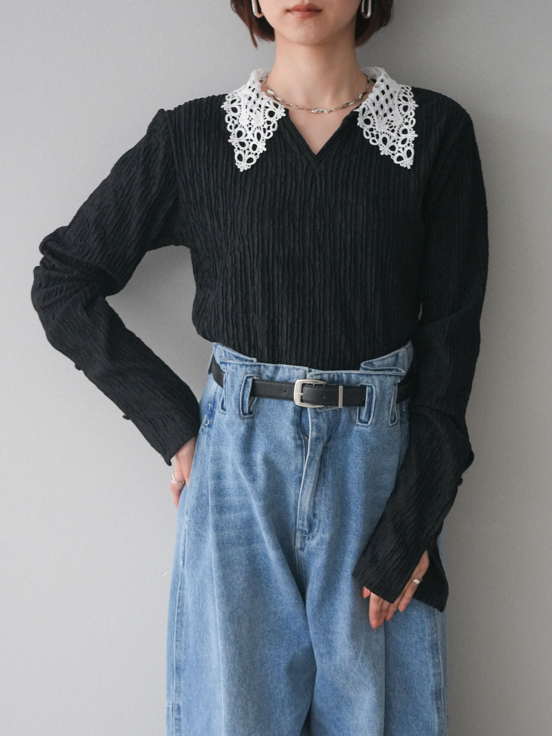 [SET]袖スリットレースカラートップス+選べるアクセセット(2set)