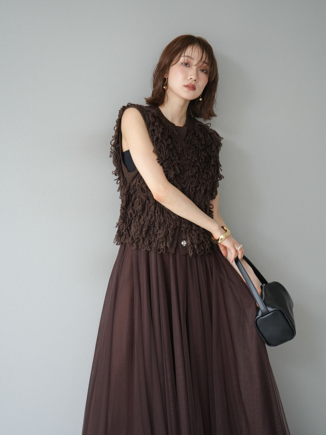 [SET] 前開衩針織背心 + 薄紗蓬鬆裙 (2 件套)