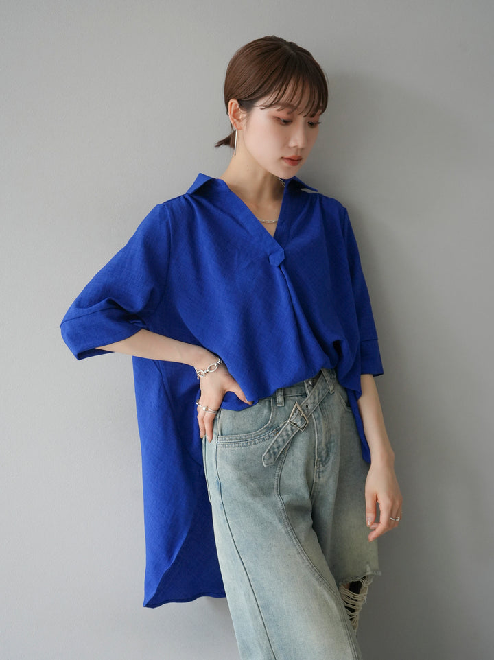 [Pre-order] Linen-touch half-sleeve skipper shirt/Royal blue