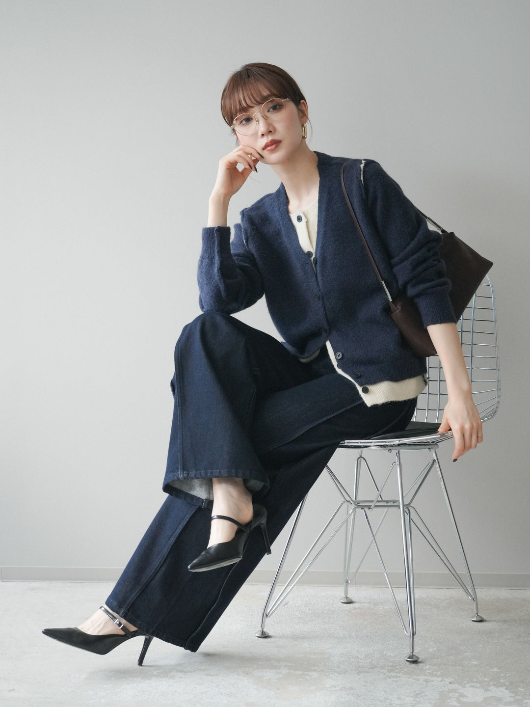 [予約]配色レイヤードニットカーディガン/navy