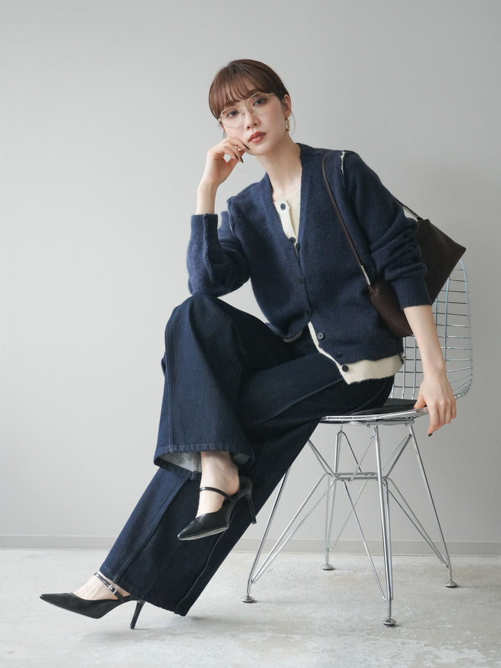 [予約]配色レイヤードニットカーディガン/navy