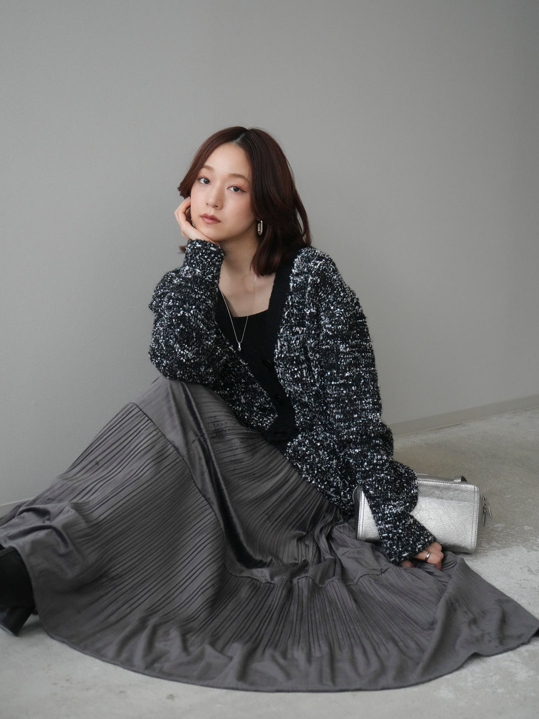 [SET]モールネップニットカーディガン+ベロアティアードワッシャースカート(2set)