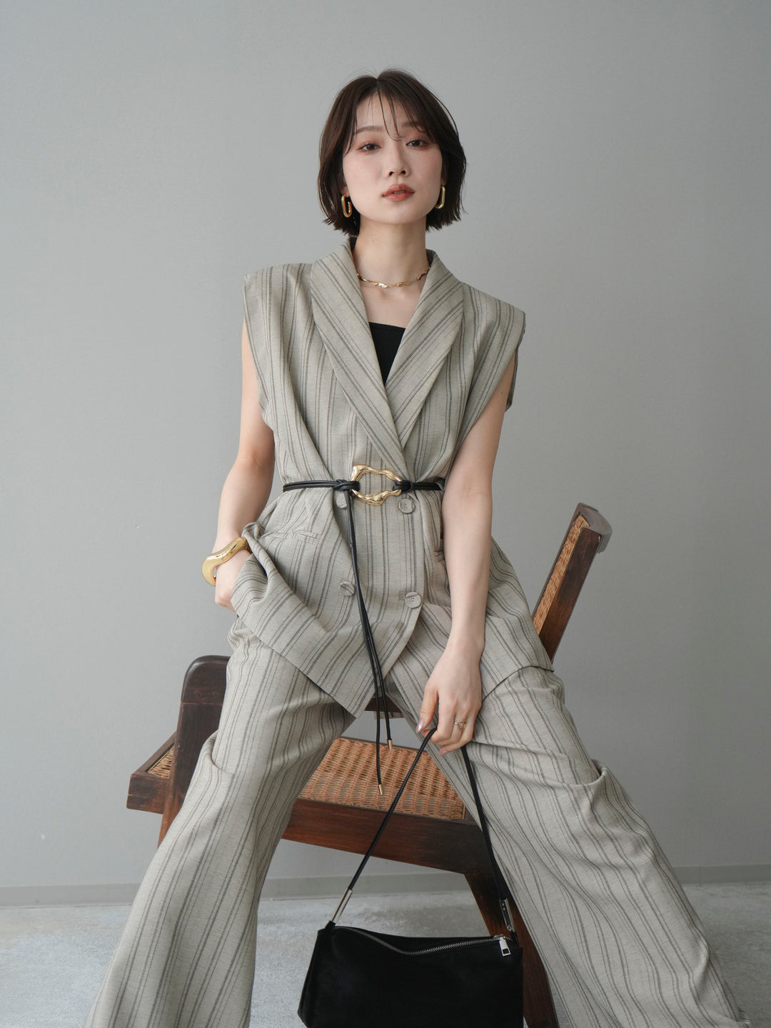 [SET]モチーフベルト付ストライプジレ＆パンツSETUP