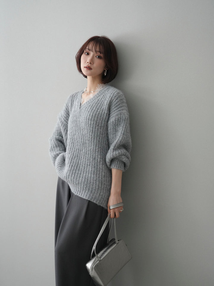 [予約]Vネックレースニットプルオーバー/gray