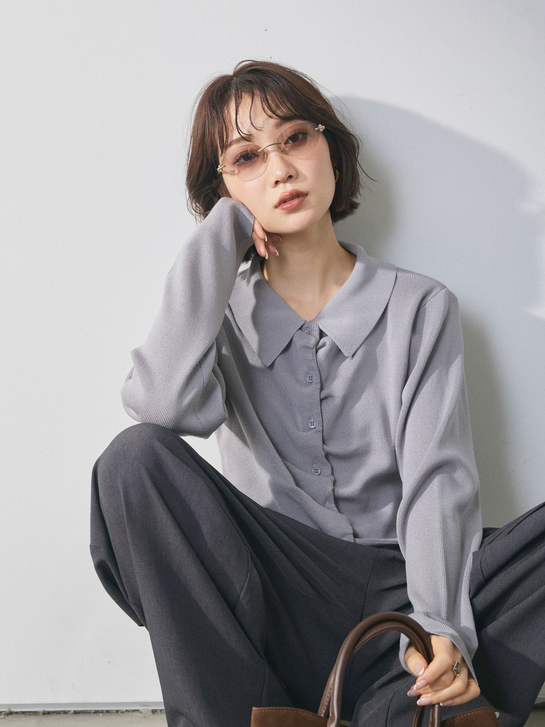 【Allure】[SET]襟付きギャザーニットカーディガン+襟付きギャザーニットカーディガン(2set)