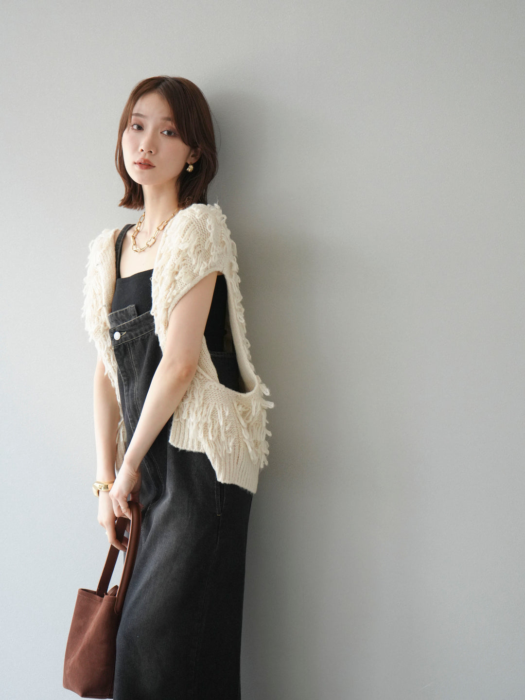 [SET]ループデザインベスト+アシンメトリーデニムワンピース(2set)