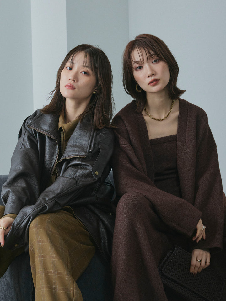 【Allure】[SET]ニットベアトップ＆ワイドパンツSET UP+レザーカラースウェードロングコート(2set)