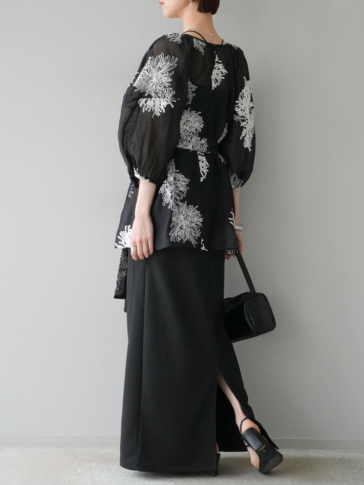 [SET]刺繍シアーバルーンスリーブブラウス+スウェットロングスカート(2set)