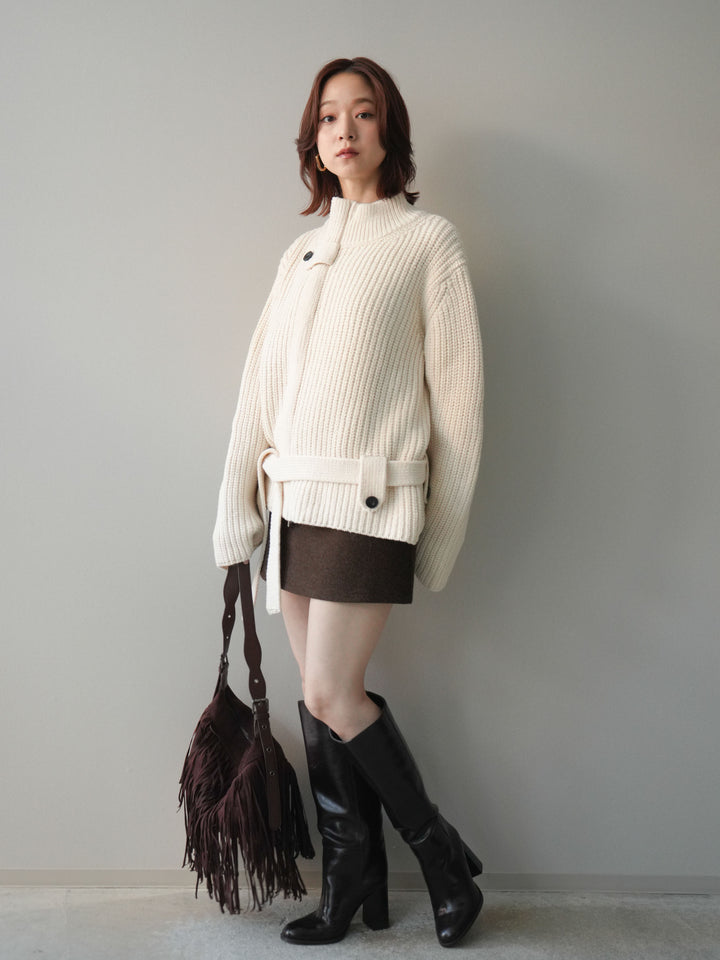 [SET]畦編みボトルネックZIPニットカーディガン+ウールタッチベルト付ミニスカート(2set)