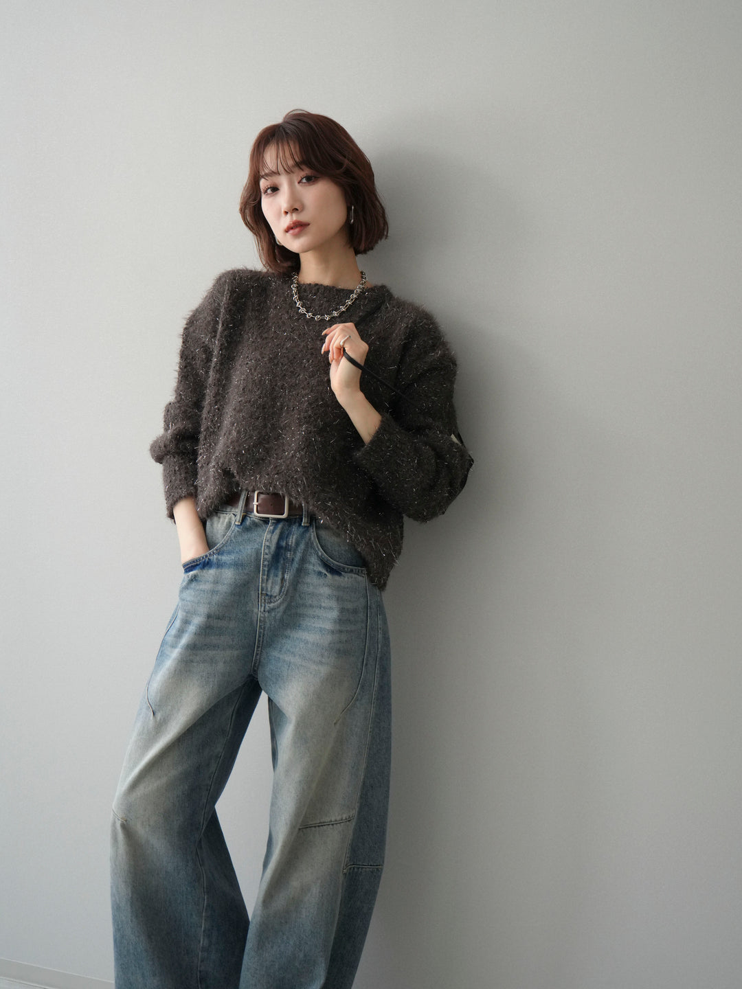 [予約]モールラメミックスヤーンニットプルオーバー/brown