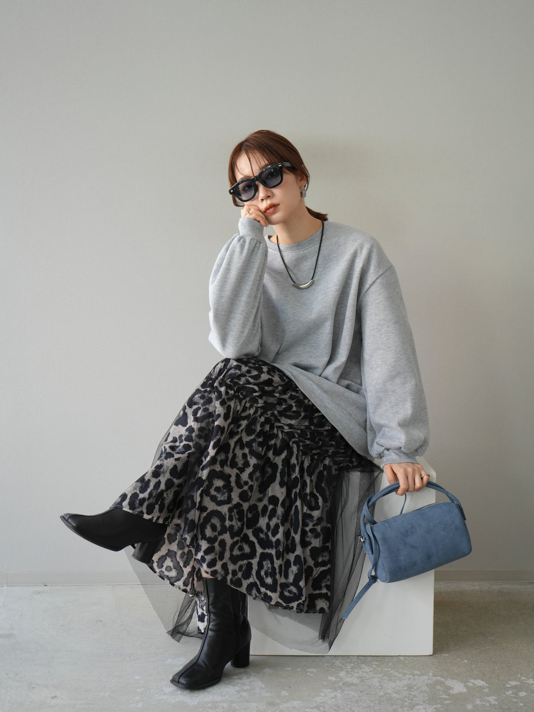 [予約]スウェットドッキングアニマル柄レイヤードワンピース/グレー