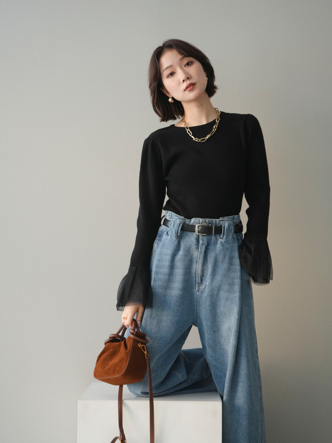 [SET]袖チュールパワショルリブニットトップス+選べるアクセセット(2set)