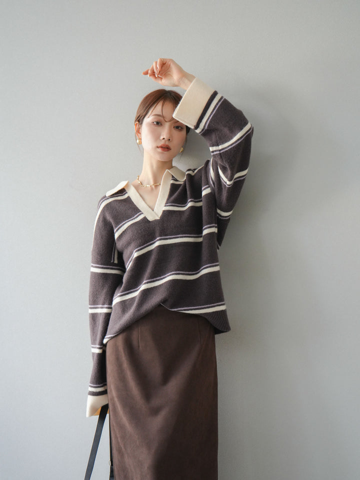 [SET]ポロ襟スキッパーボーダーニットプルオーバー+スウェードIラインスカート(2set)