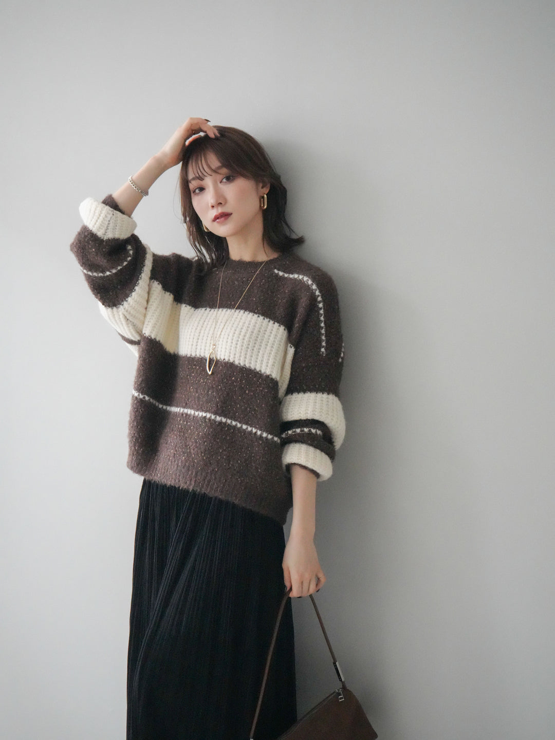 [予約]ネップヤーンボーダーニットプルオーバー/brown