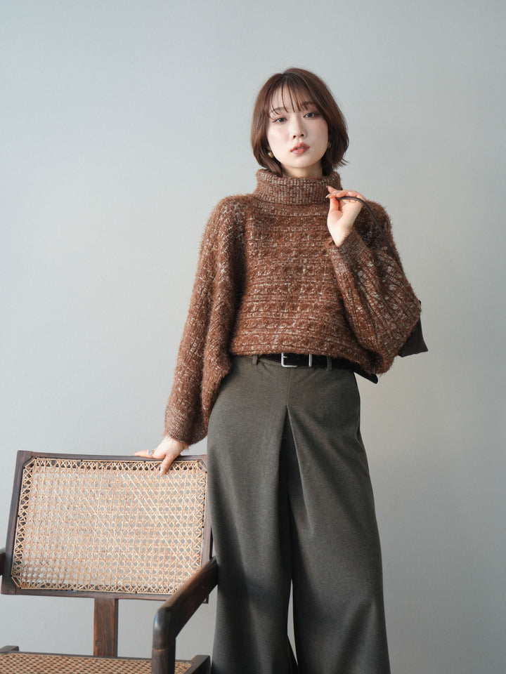 [予約]オフタートルケーブル編みニットプルオーバー/brown