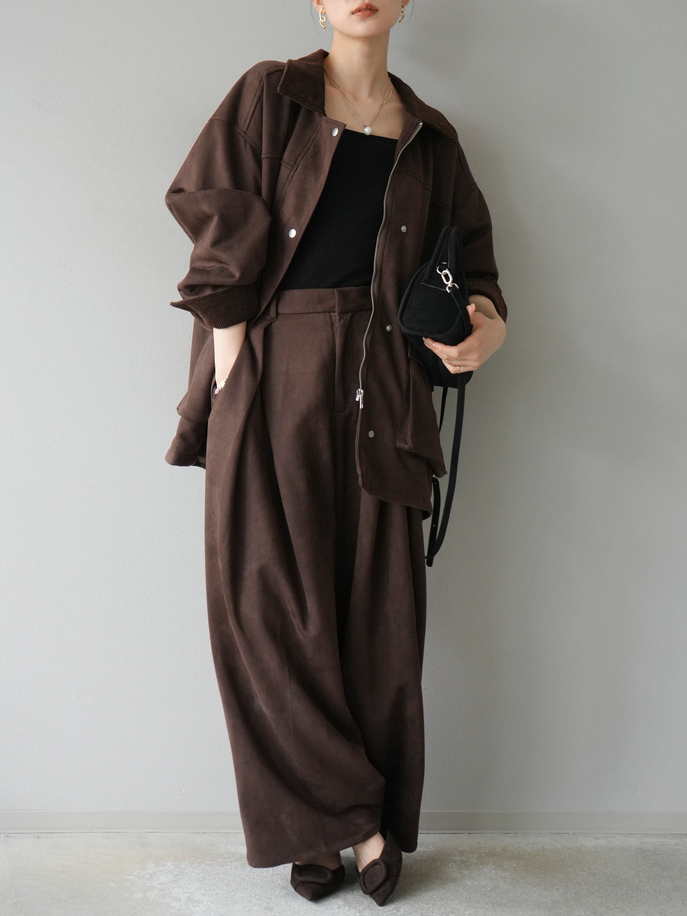 予約]コーデュロイ襟スウェードミドルジャケット /ブラウン – Lumier