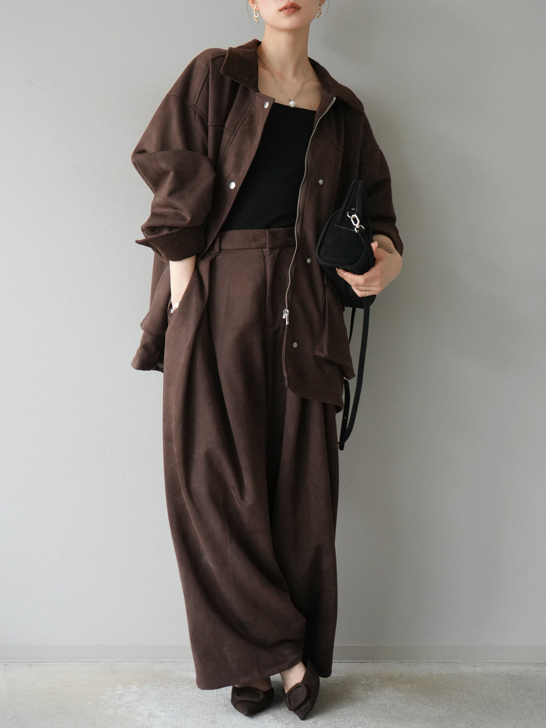 [予約]コーデュロイ襟スウェードミドルジャケット /ブラウン