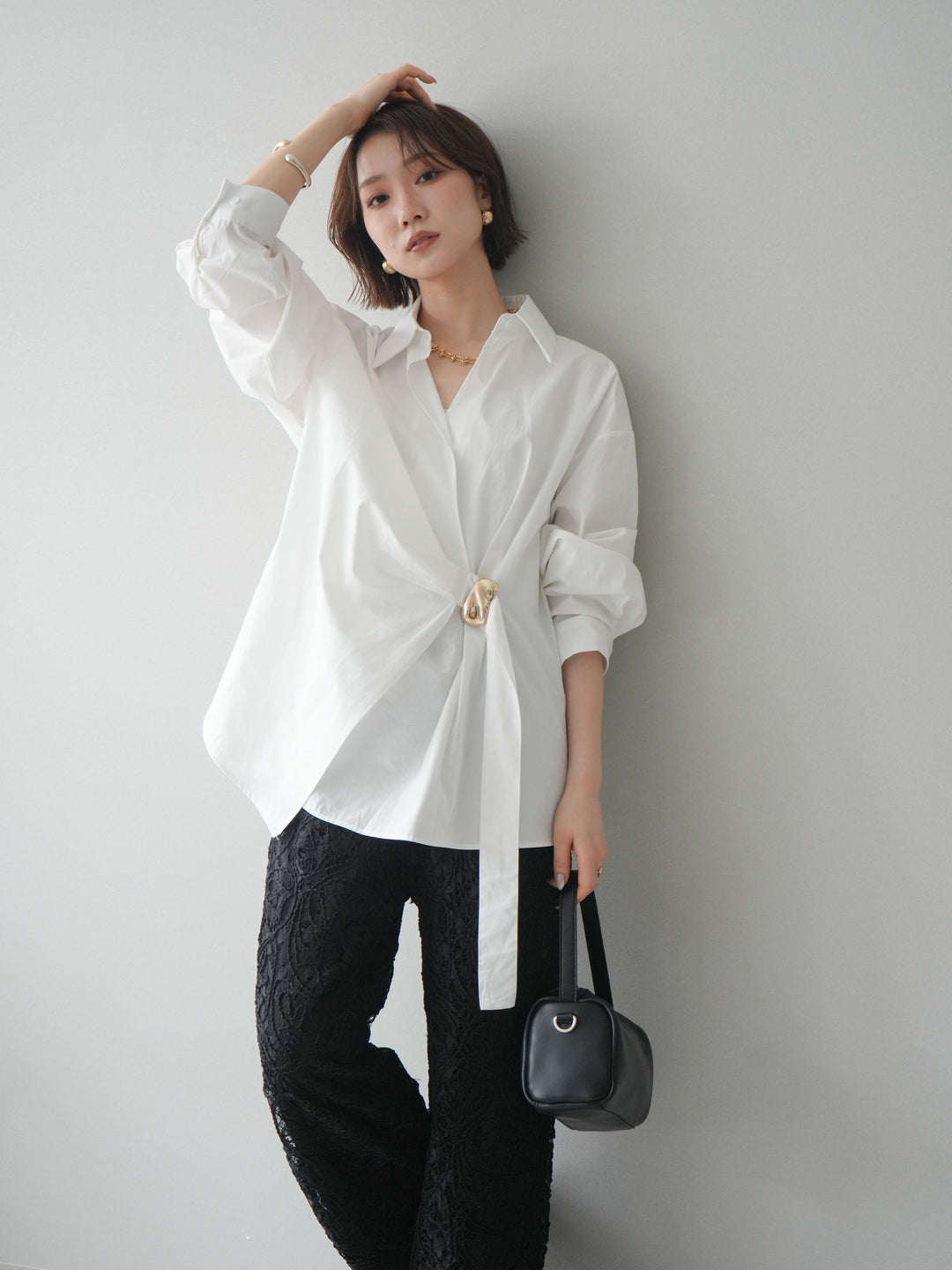 [SET]メタルパーツドレープシャツ+シアーコードレースイージーパンツ(2set)