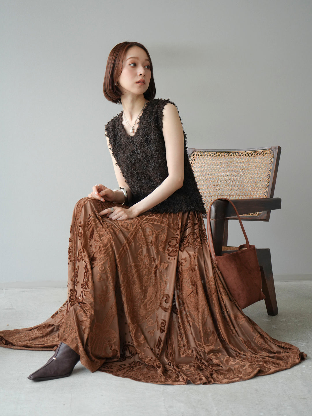 [SET]テープヤーンフリンジニットベスト+アンティーク柄フロッキーマキシスカート(2set)