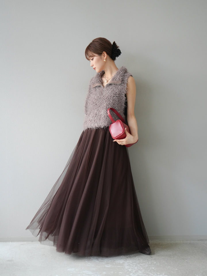 [予約]メランジブークレハーフジップニットベスト/モカ