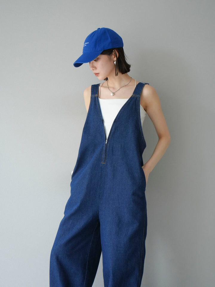 [予約]フロントZIP Vネックデニムサロペット/インディゴ