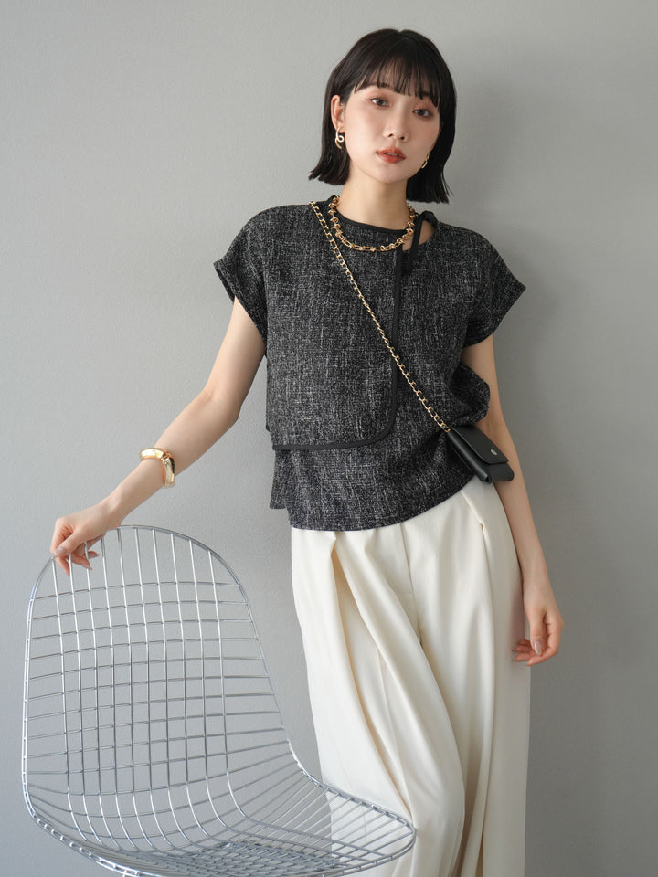 [SET]サマーツイードケープデザインプルオーバー+クレープシフォンタックワイドパンツ(2set)