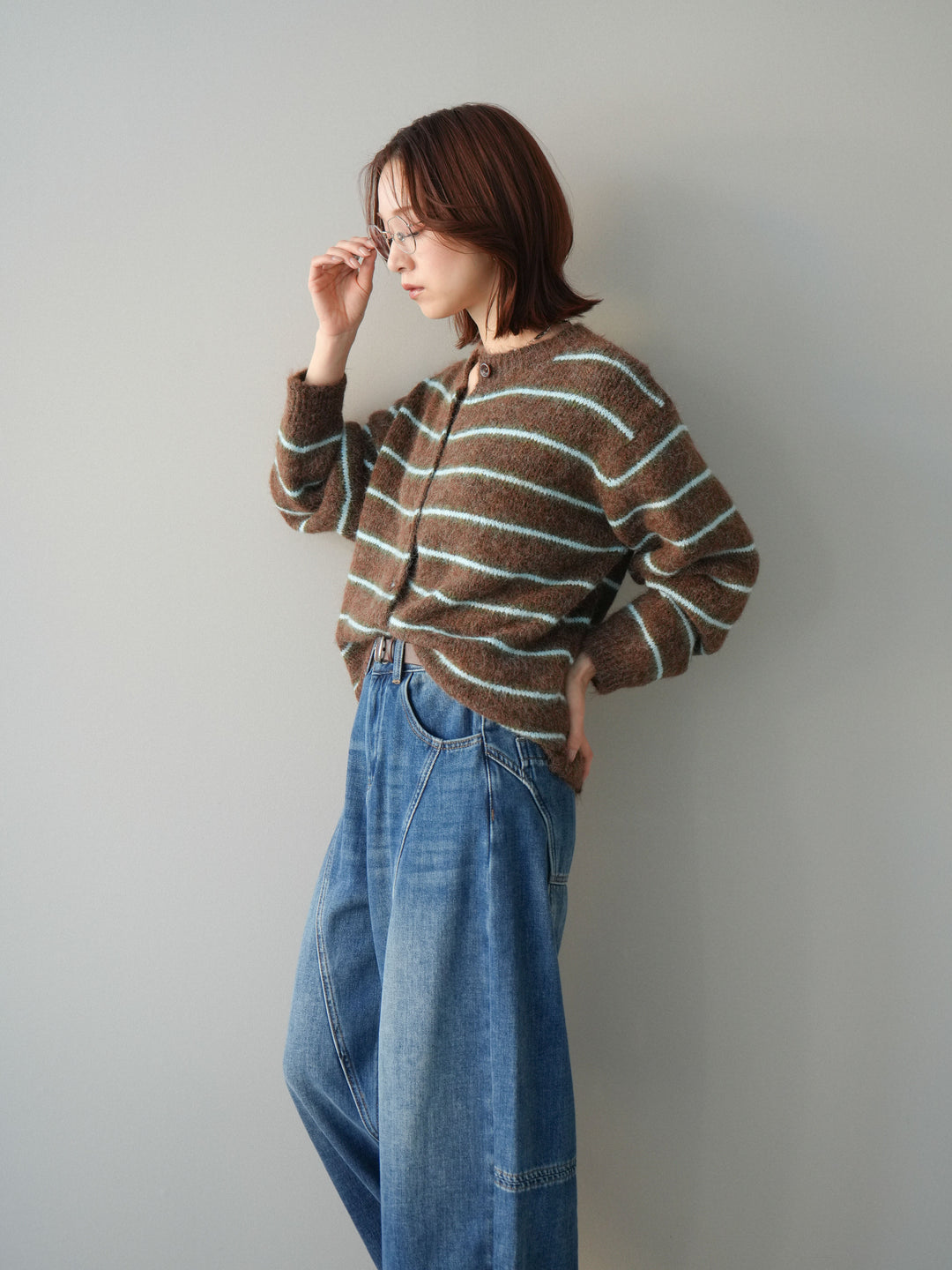 [予約]ボーダーシャギーニットカーディガン/brown