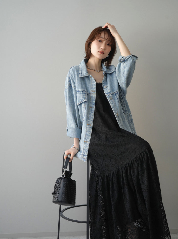 [予約]ギャザー切替レースキャミワンピース/black