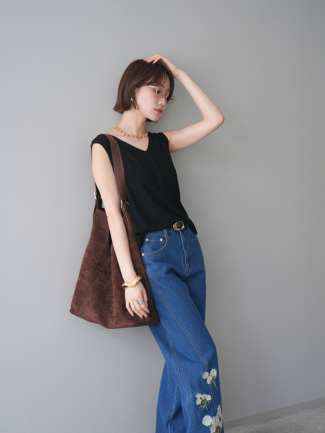 [SET]パールデザインVネックニットトップス+フラワー刺繍ストレートデニム(2set)