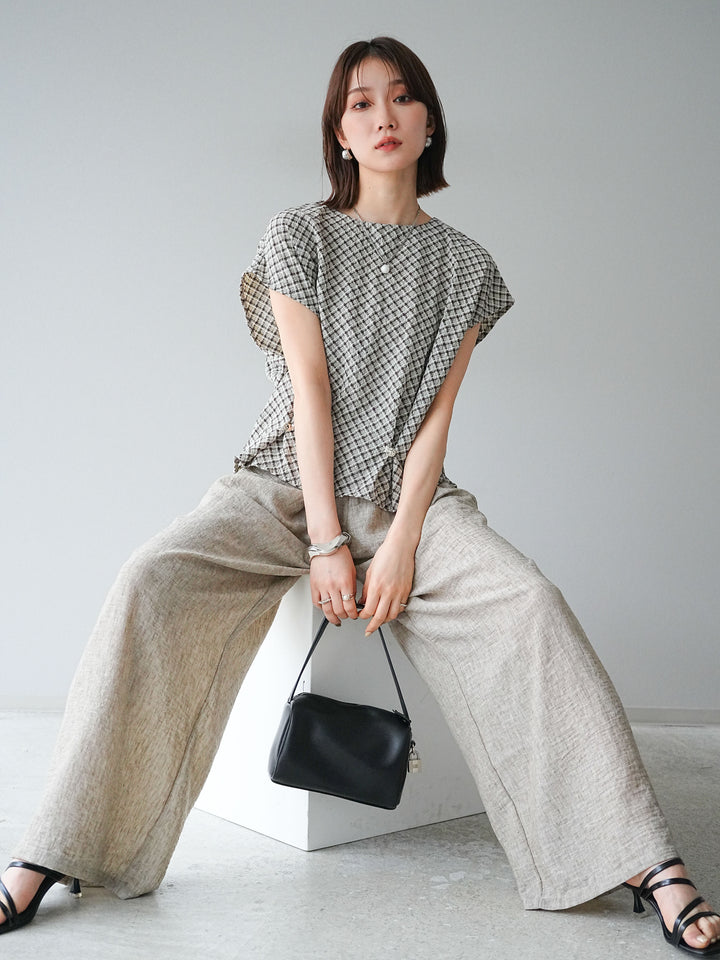 [予約]チェック柄タックデザインフレンチスリーブトップス/ブラック