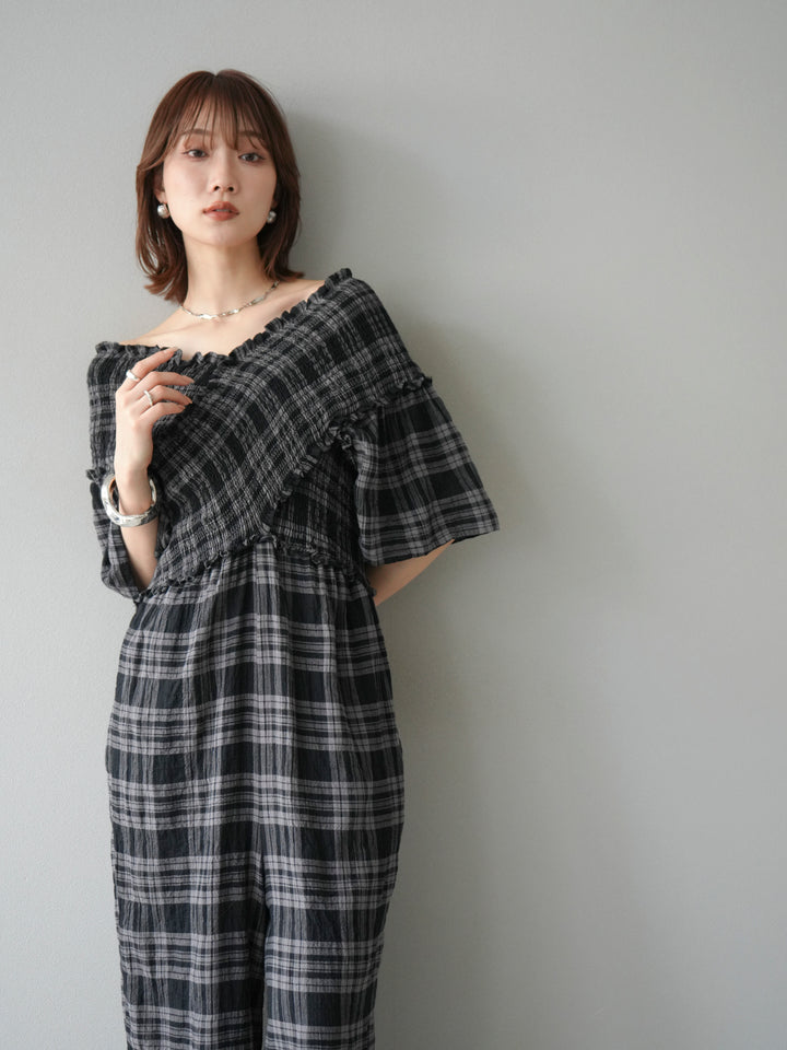 [予約]チェック柄ハーフスリーブシャーリングクロスサロペット/ブラック