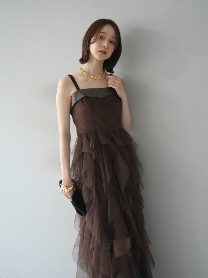 [予約]レザー切替チュールラッフルワンピース/brown
