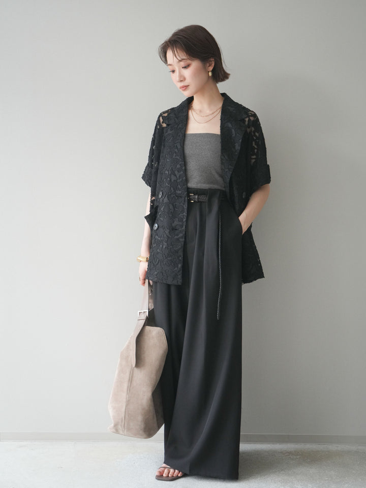 【套裝】花朵蕾絲短袖外套+垂褶收腰帶環長褲（兩件套）