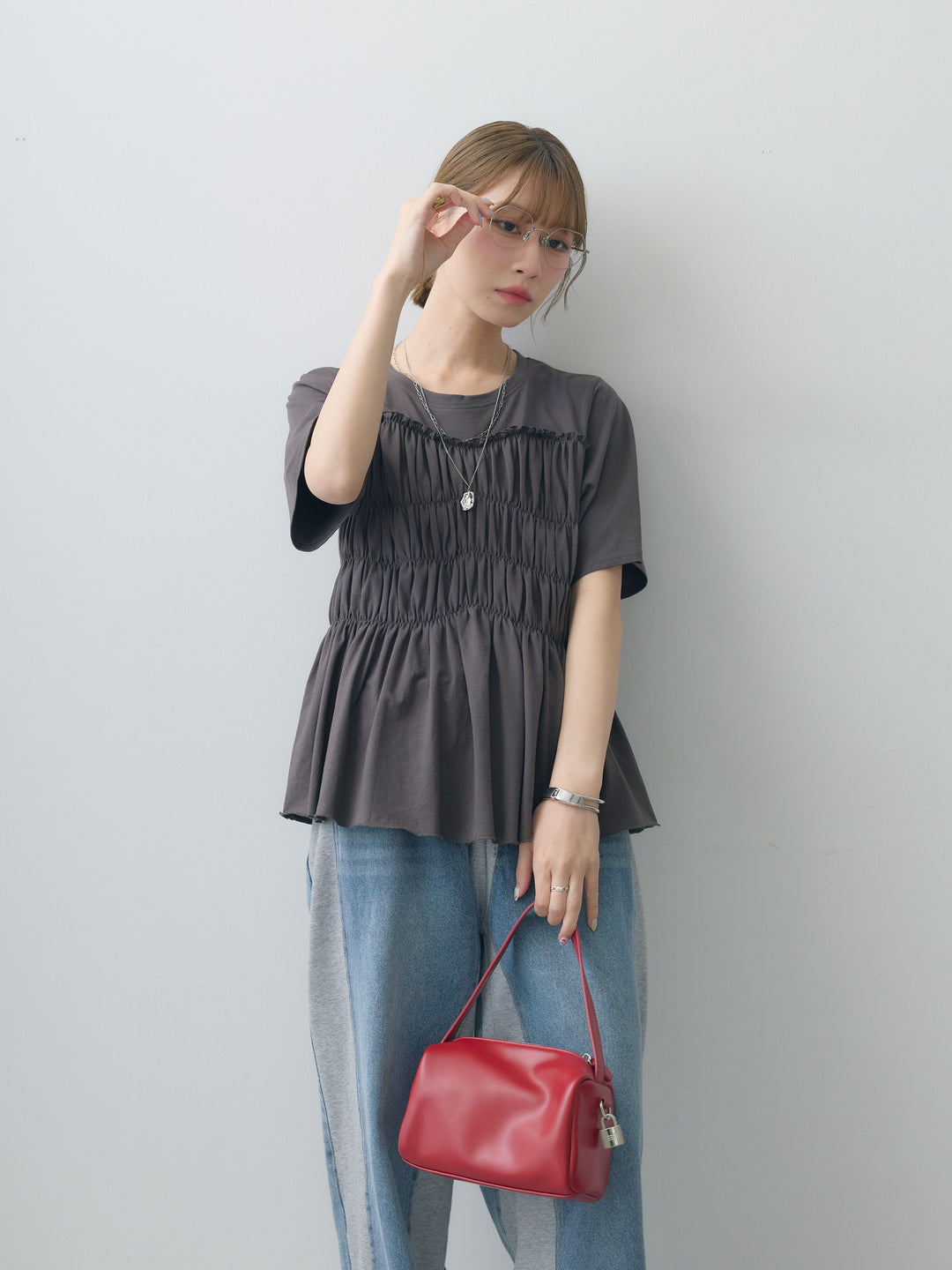 [SET]クールタッチシャーリングTEE+デニム切替スウェットパンツ(2set)