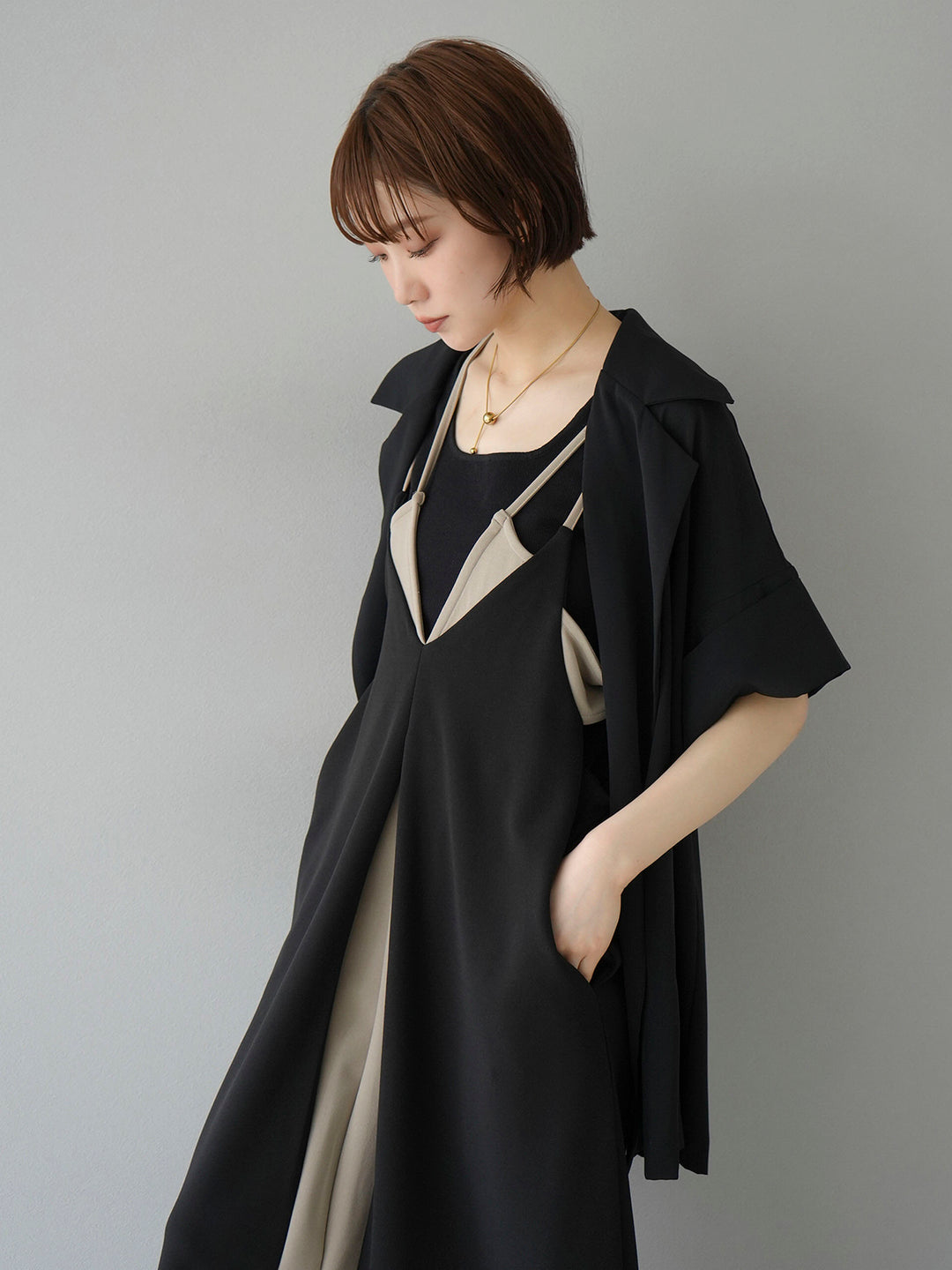 [SET] Bicolor layered design cami dress + double tailored shirt jacket (2set)