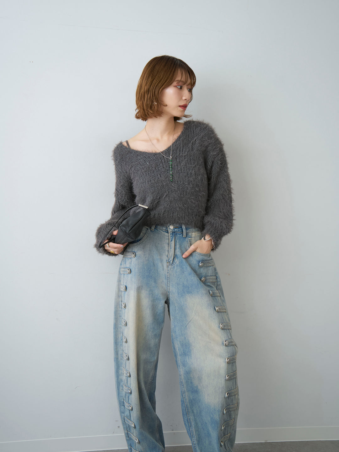 [SET]Vネックシャギークロップニットトップス+ナポレオンライトウォッシュワイドデニム(2set)