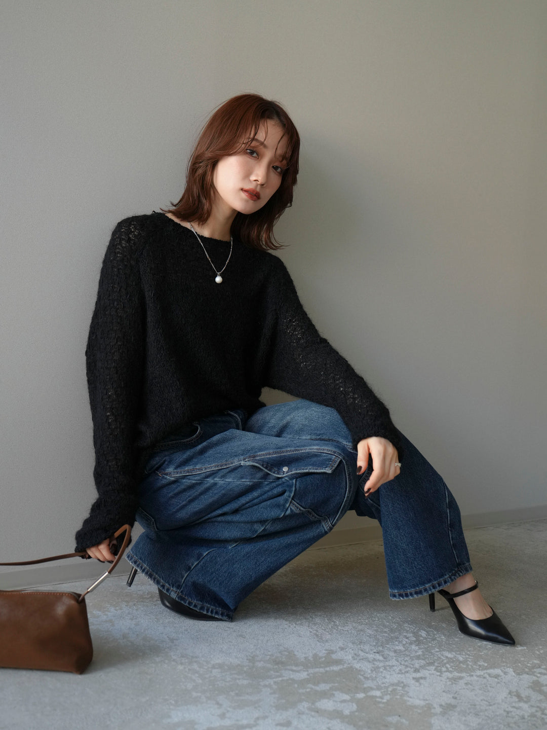 [予約]透かし編みモヘアタッチポコポコニットプルオーバー/black