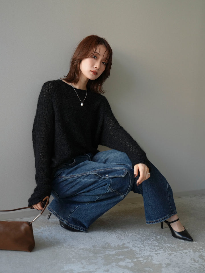 [予約]透かし編みモヘアタッチポコポコニットプルオーバー/black