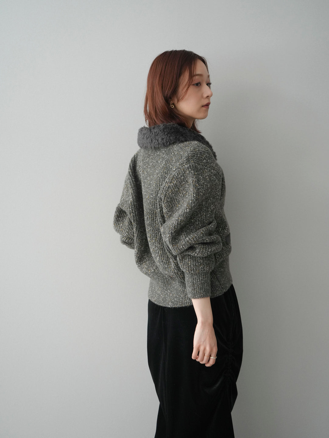 [SET]襟ボアミックスヤーンニットカーディガン+ギャザーベロアスカート(2set)