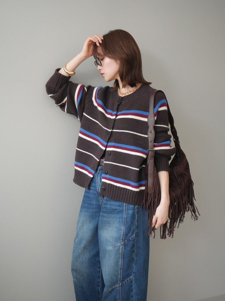 [SET]ランダムボーダーニットカーディガン+デザインステッチカーブデニムパンツ(2set)