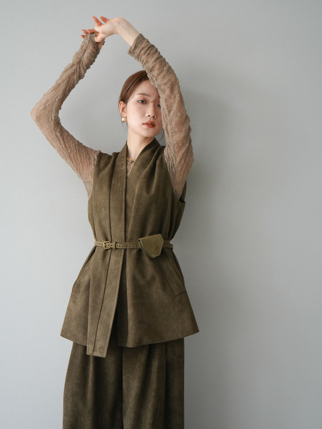 [SET]ポーチベルト付スウェードジレ×パンツSET UP(2set)