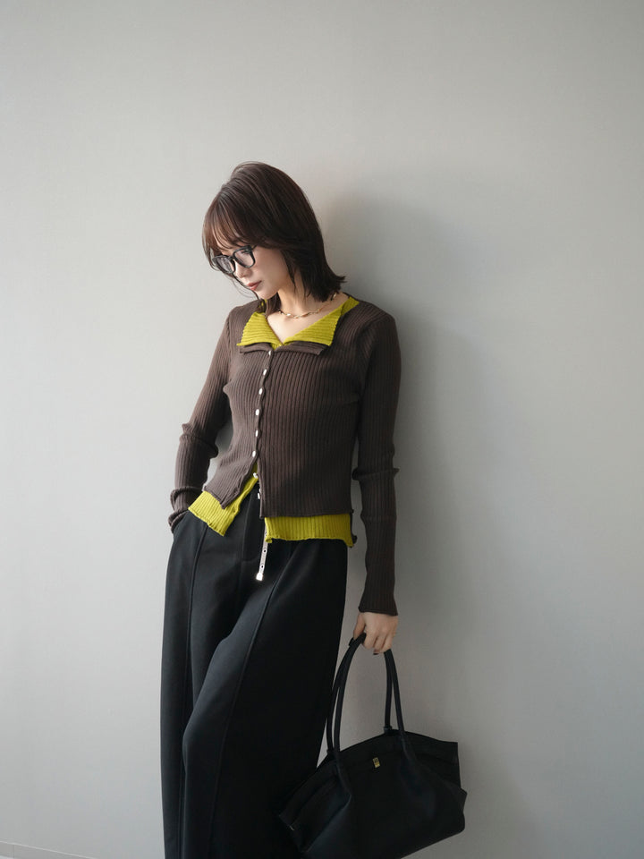 [予約]配色レイヤードリブニットカーディガン/brown