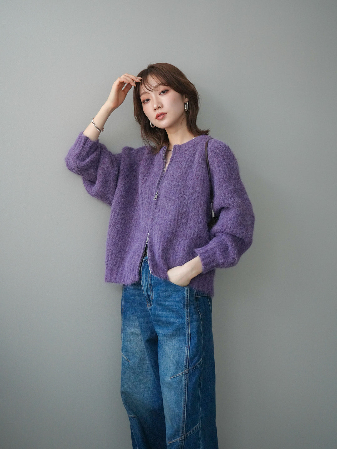 [予約]MIXヤーンモヘアタッチZIPニットカーディガン/purple