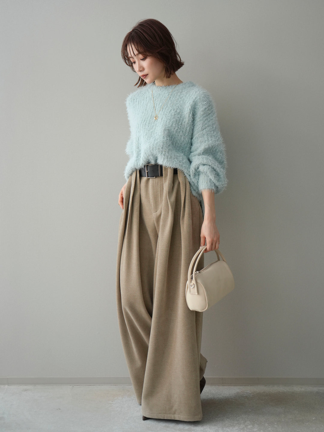 [SET]ボリュームスリーブシャギー MIXニットプルオーバー+ベルトデザインループコールテンワイドパンツ(ベルト付き)(2set)